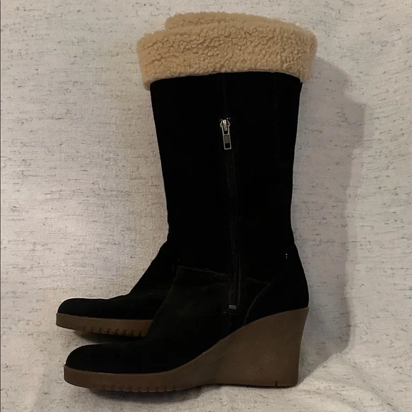 UGG Black Suede with Sheepskin Tall Wedge Boots - Picture 2 of 6